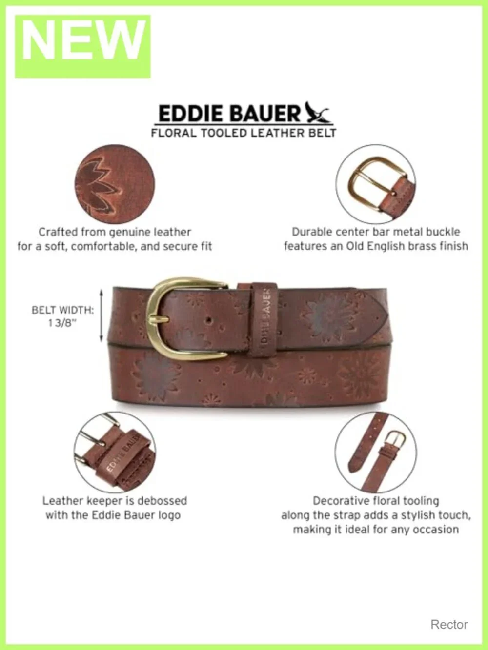 Genuine Leather Floral Tooled Belt with Silver Metal Buckle